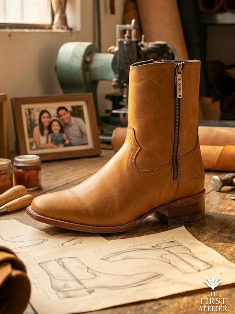 Atelier No. 69 El Legado Boot displayed on a desk with design sketches and a family photo frame, symbolizing heritage and tradition