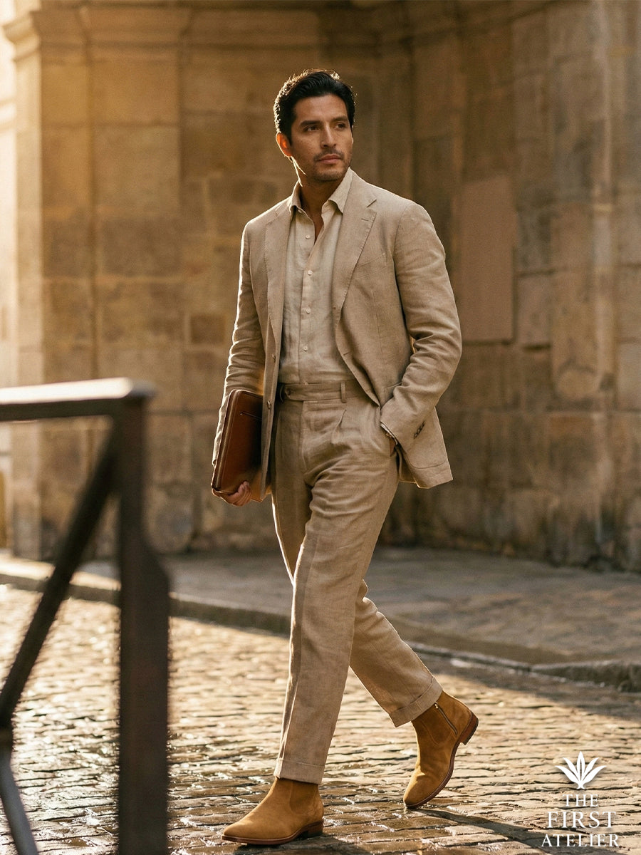 Elegant summer style: Man walking on cobblestone streets wearing a beige linen suit paired with Atelier No. 69 El Legado Boot