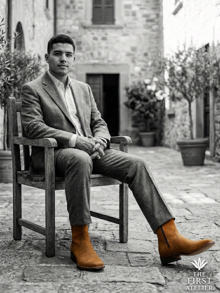 Black and white editorial portrait of a gentleman seated in a rustic courtyard wearing the side-zip Atelier No. 69 El Legado Boot.