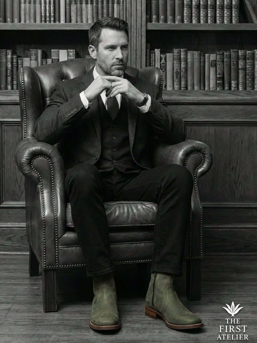 Black and white editorial shot of a gentleman in a suit seated in a study, wearing the refined side-zip Atelier No. 70 El Dominio Boot.