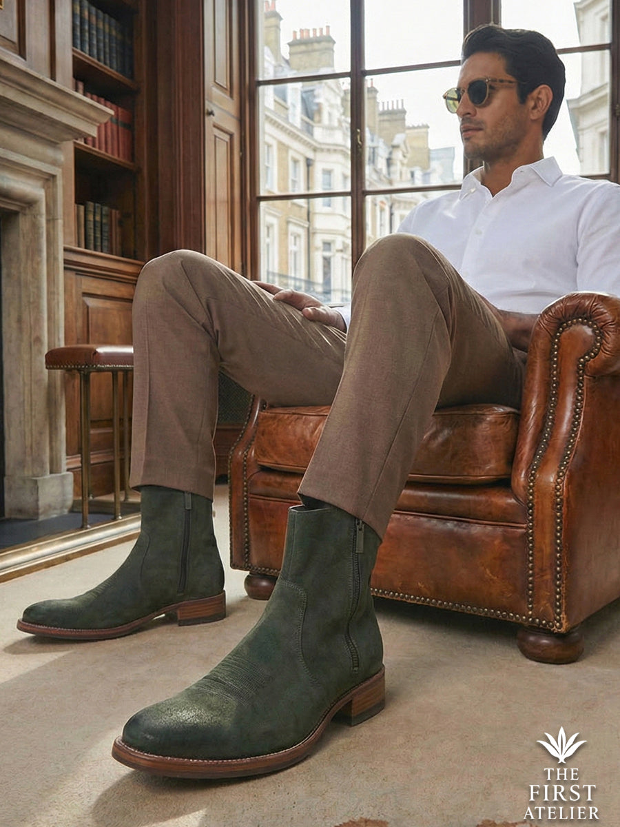 Quiet luxury interior: Man relaxing in a leather armchair in a classic library wearing the olive suede Atelier No. 70 El Dominio Boot.