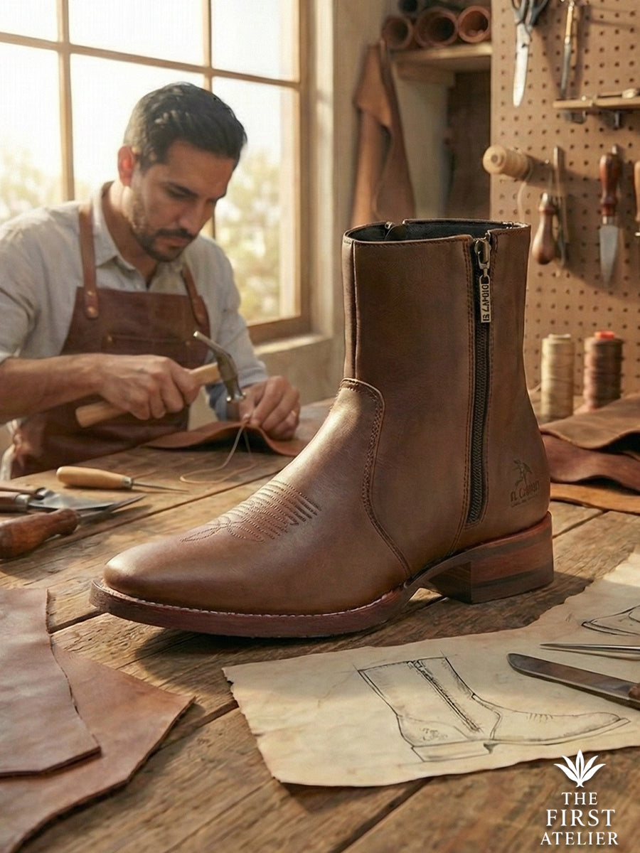 Master artisan shaping the Atelier No. 71 El Destino Boot in smooth cognac leather, detailing the hand-finished welt and side zipper.