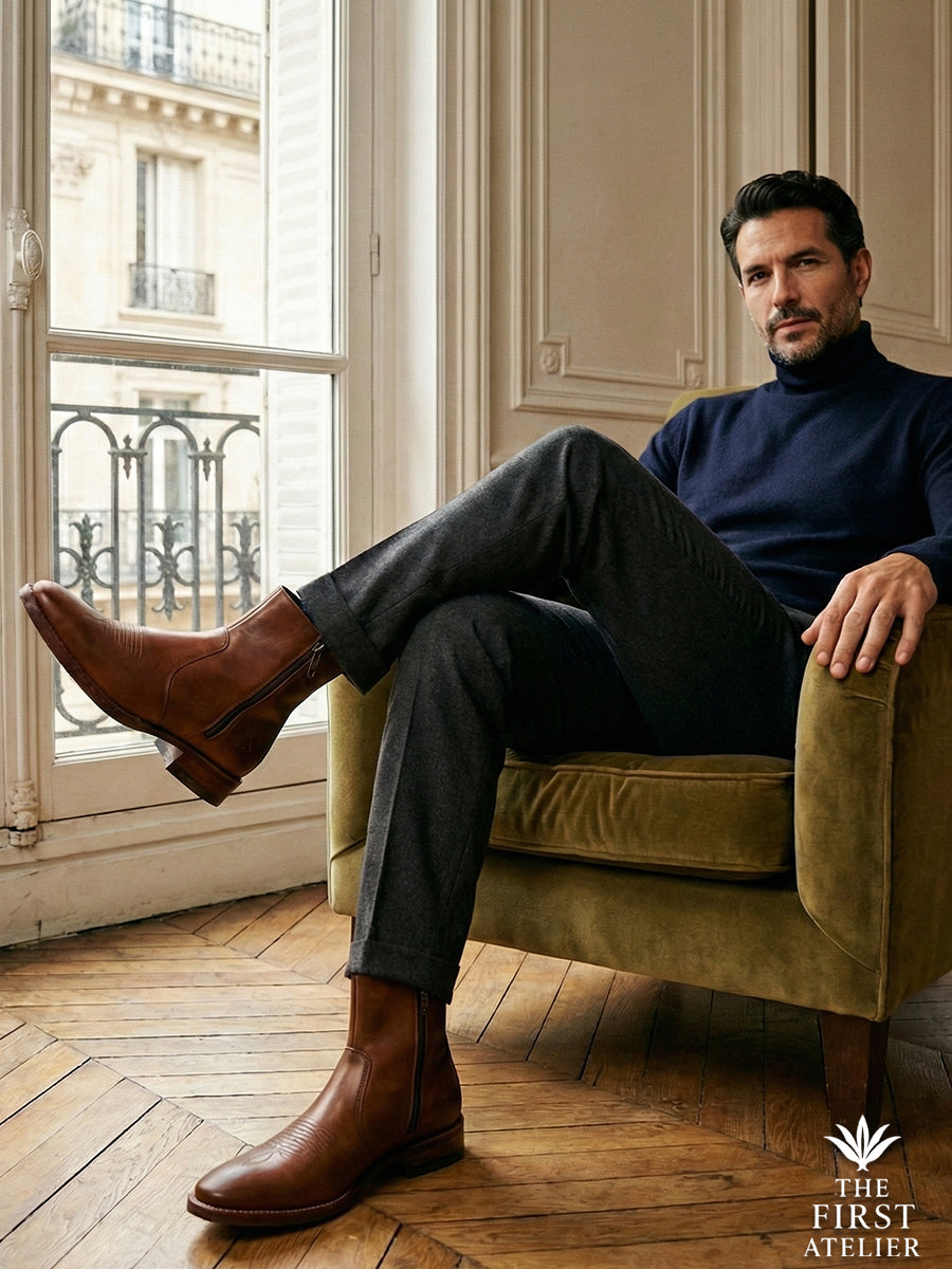 Elegant interior shot: Man seated in a velvet armchair wearing navy turtleneck and the sleek Atelier No. 71 El Destino Boot.