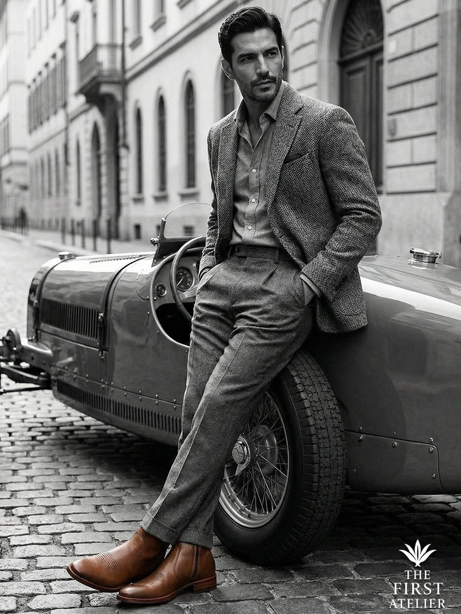 Classic motoring style: Gentleman leaning on a vintage convertible sports car wearing Atelier No. 71 El Destino Boot.