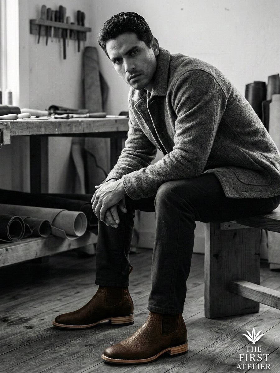 Black and white editorial portrait emphasizing the strong silhouette and textured grain of the Atelier No. 72 Bullneck Chelsea boot