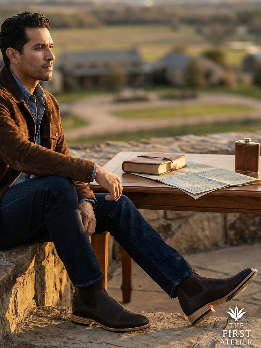 Relaxed outdoor style: Man gazing at a mountain range from a stone patio, wearing the commanding Atelier No. 72 El Roble boot.