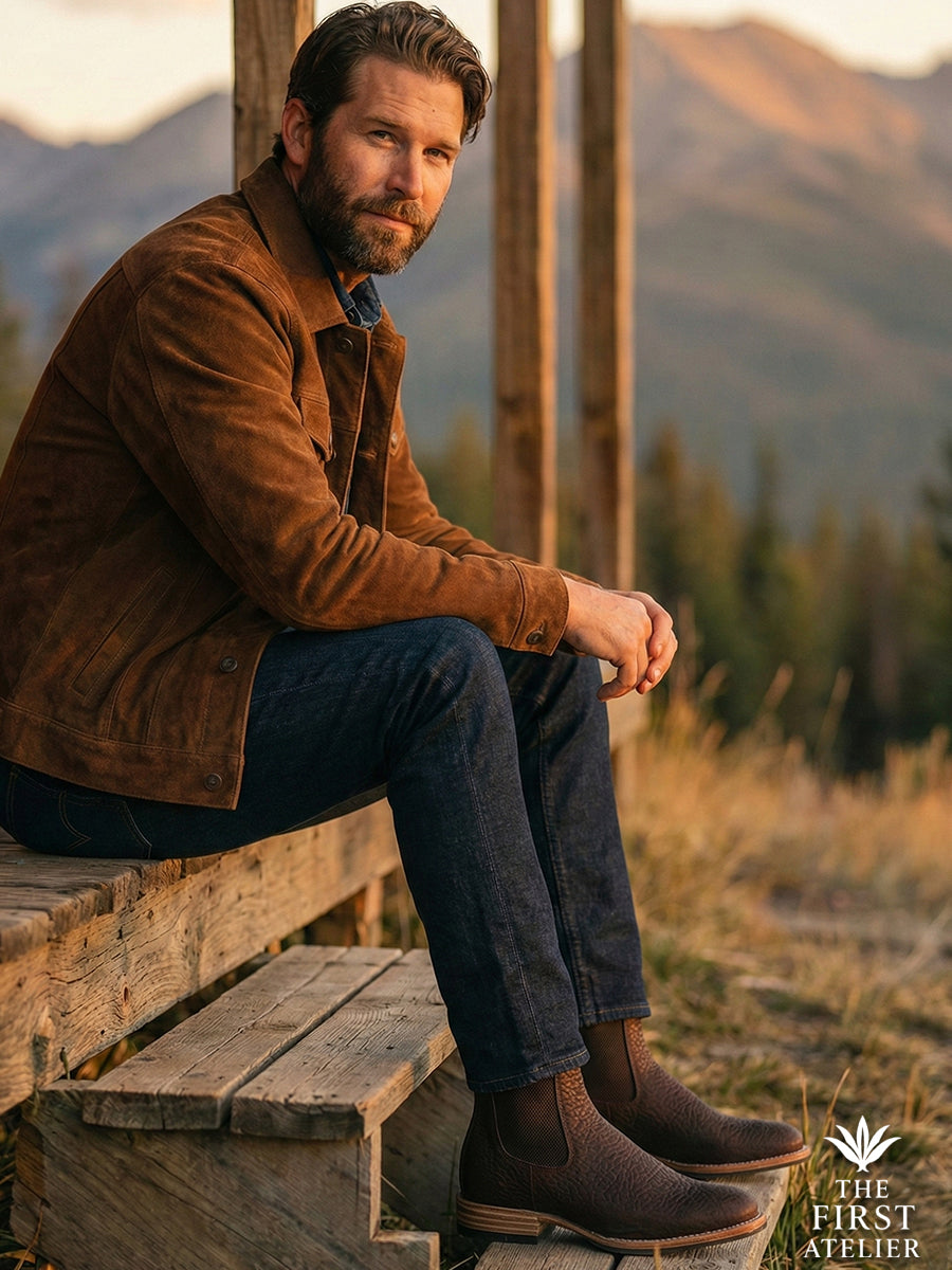 Man sitting on wooden cabin steps in the mountains wearing rugged Atelier No. 72 El Roble Chelsea boots with dark denim