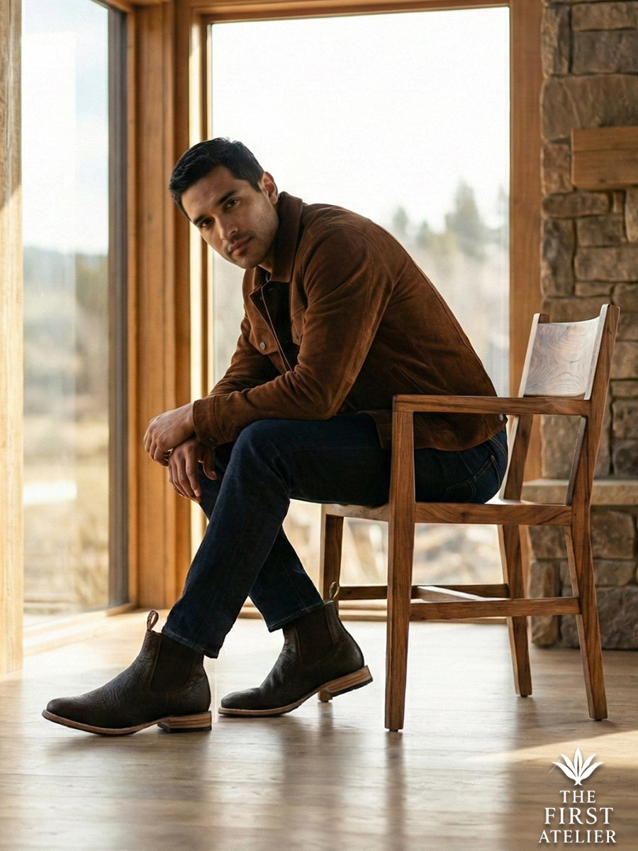 Gentleman sitting in a rustic lodge armchair, showcasing the rich chocolate hue and robust profile of the Atelier No. 72 Chelsea boot.