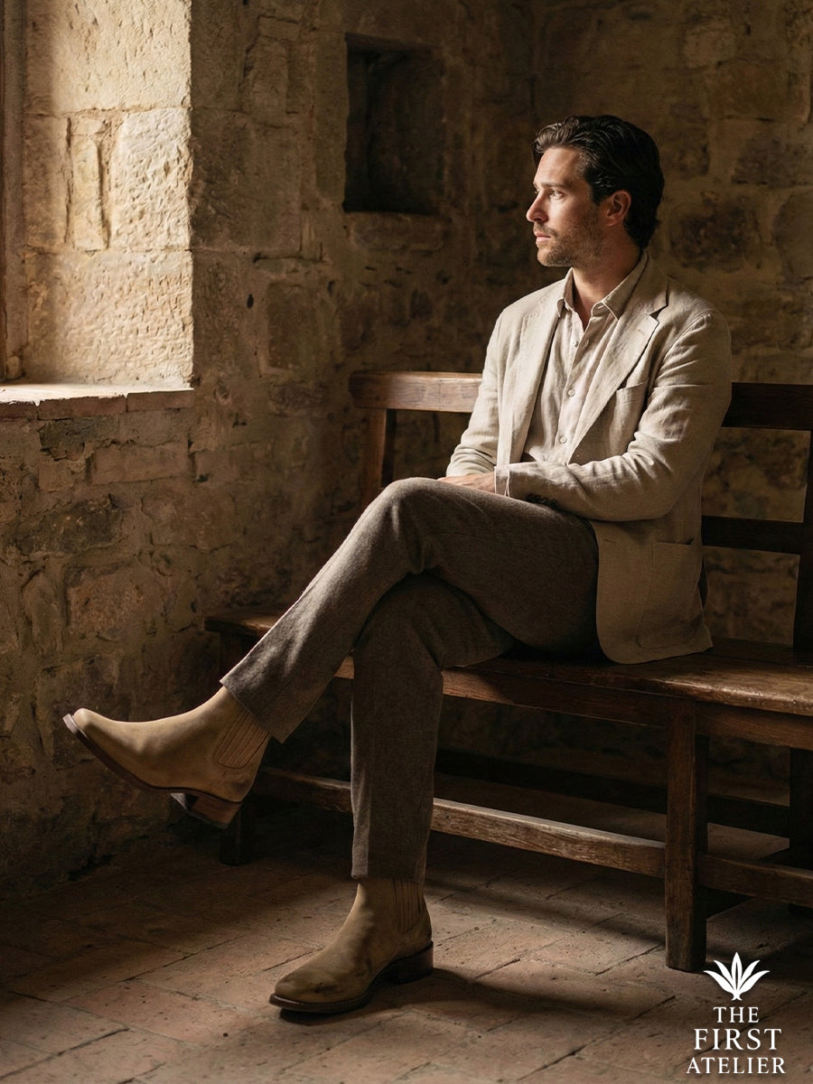 Relaxed elegance: Man sitting in a stone alcove wearing a linen jacket and the beige suede Atelier No. 73 El Sendero Boot.