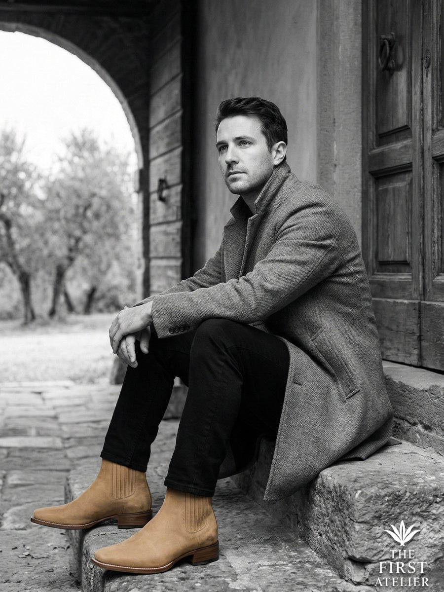 Black and white editorial of a man sitting on village steps, showcasing the sleek profile and elastic gore of the Atelier No. 73 Chelsea boot