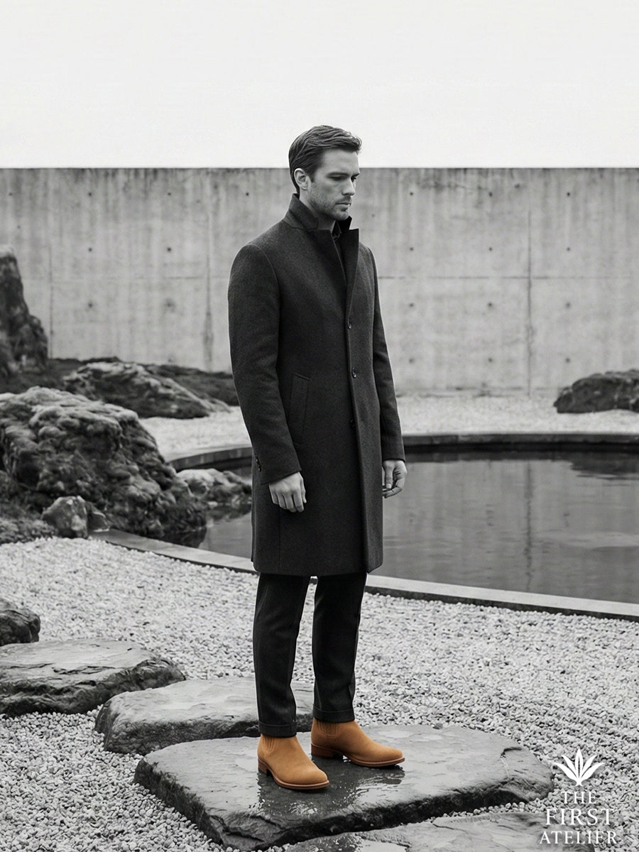 Black and white editorial shot of a man standing on stone steps in a long coat, showcasing the grounded silhouette of Atelier No. 74.