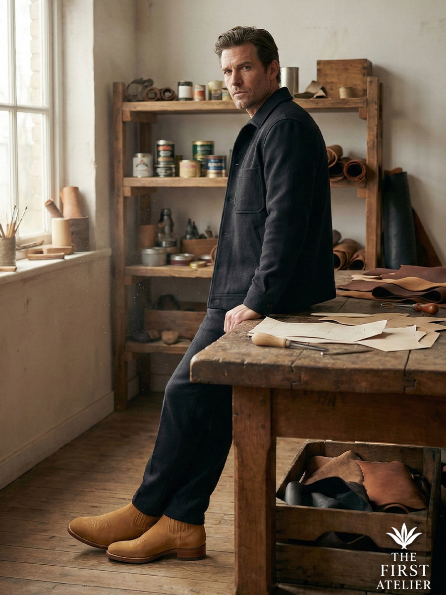 Man in a craftsman's workshop wearing Atelier No. 74 El Baluarte Boot, leaning on a wooden workbench, embodying the maker spirit.