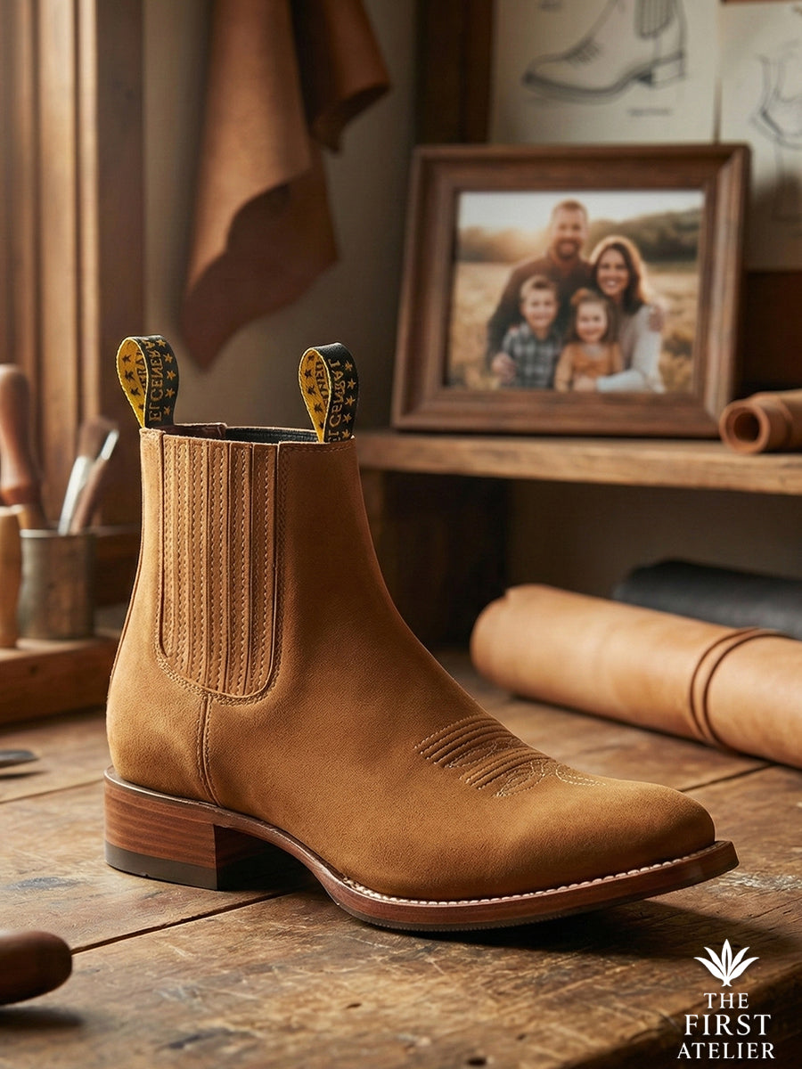 Studio display of Atelier No. 74 El Baluarte Boot next to a family portrait, symbolizing heritage, protection, and legacy.