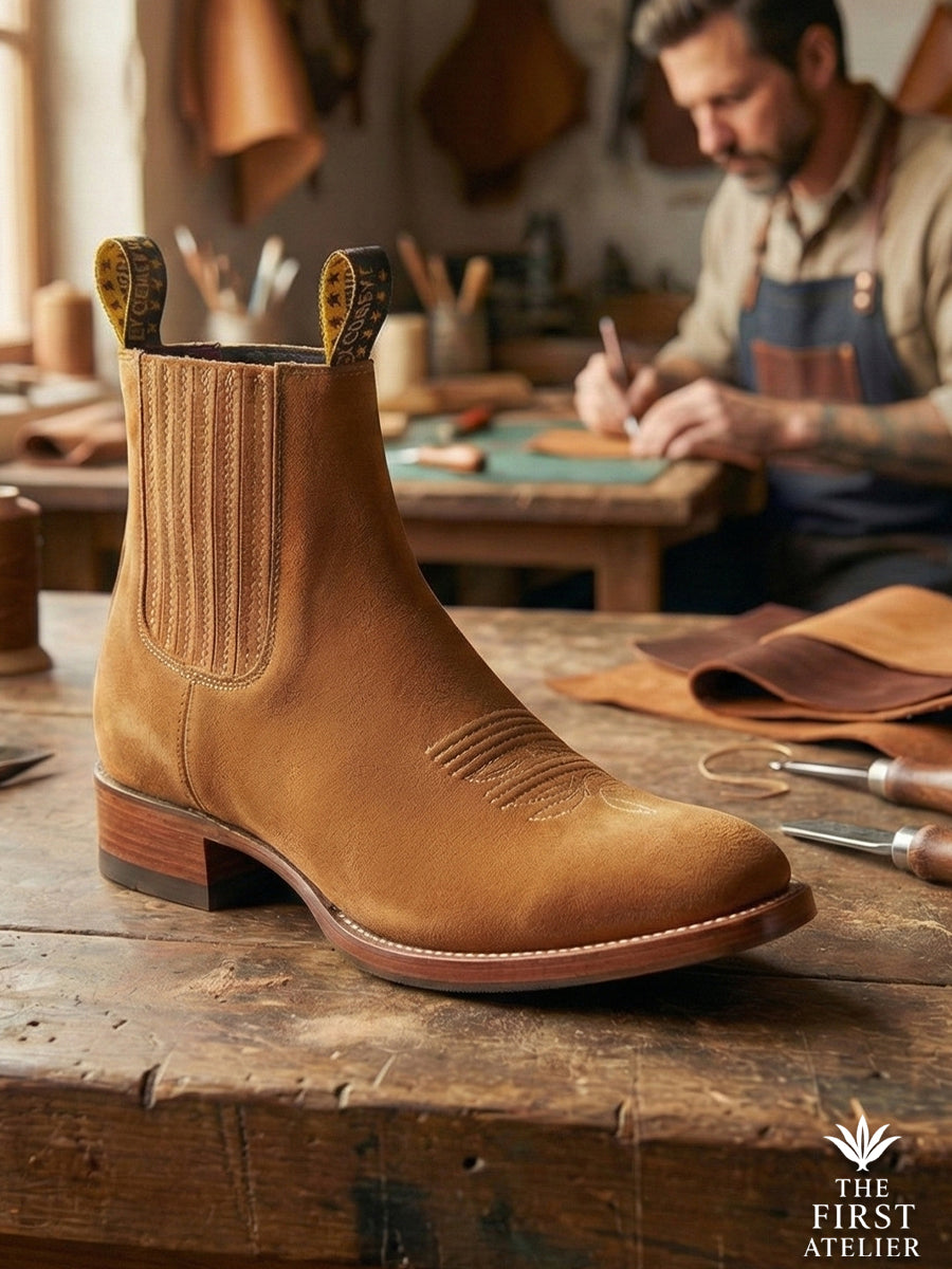 Close-up of Atelier No. 74 El Baluarte Boot in warm golden tan suede, highlighting the square toe and handcrafted artisan stitching