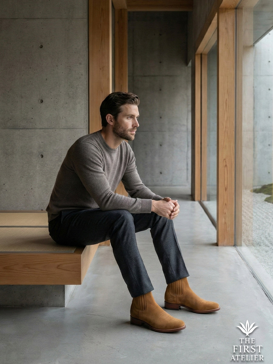 Quiet luxury aesthetic: Man seated in a minimalist concrete and wood interior wearing the warm tan Atelier No. 74 El Baluarte Boot
