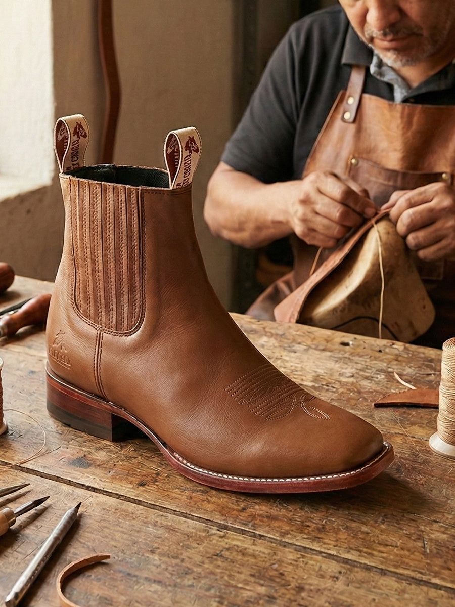 Close-up of Atelier No. 75 El Rumbo Boot in full-grain saddle tan leather, highlighting the western square toe and woven pull tabs.