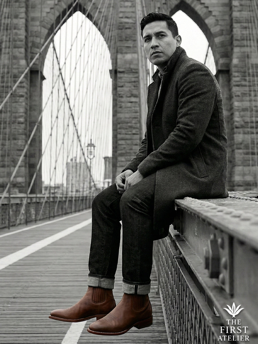 Black and white editorial shot of a man sitting on a steel bridge structure, emphasizing the industrial strength of the Atelier No. 76 boot.