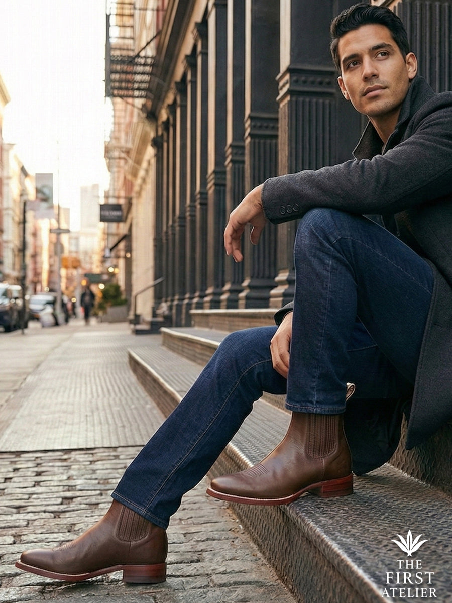 Man sitting on city steps wearing dark denim and Atelier No. 76 El Puente Boot, showcasing the versatile square-toe silhouette.