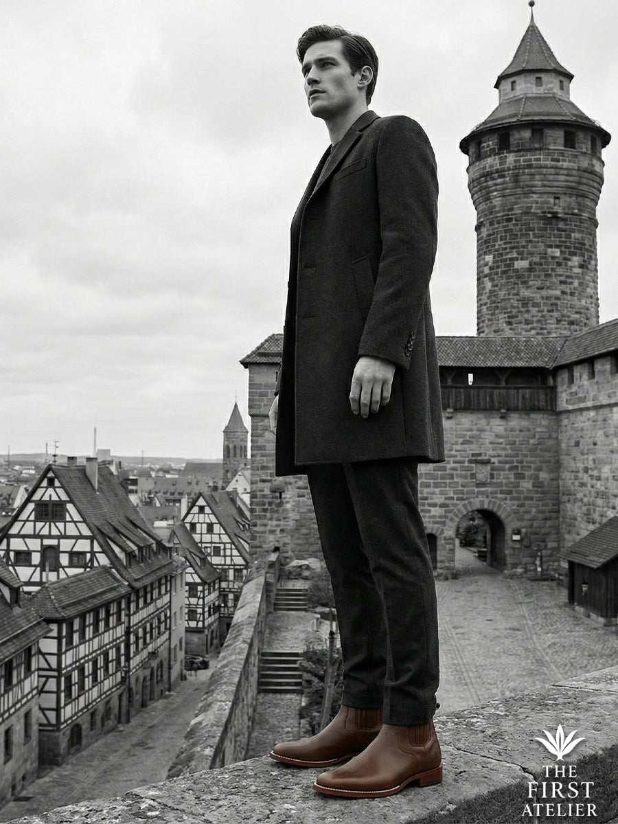 Powerful black and white editorial shot of a man standing on a castle wall wearing a long coat and the commanding Atelier No. 78 boot.