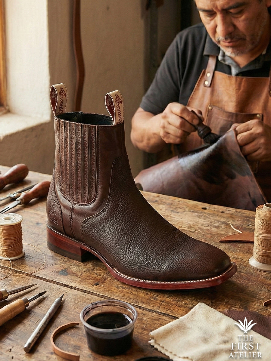 Close-up of Atelier No. 78 El Alcázar Boot in rich chocolate pebbled leather, highlighting the textured grain and artisan construction