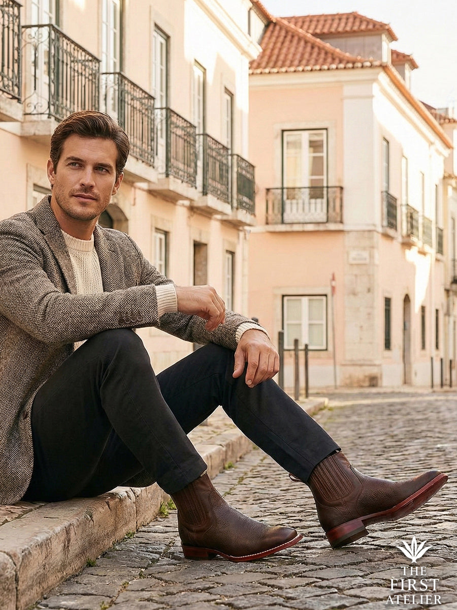 Man resting on stone steps in an old town setting, showcasing the textured dark brown leather of the Atelier No. 78 boot in natural light.