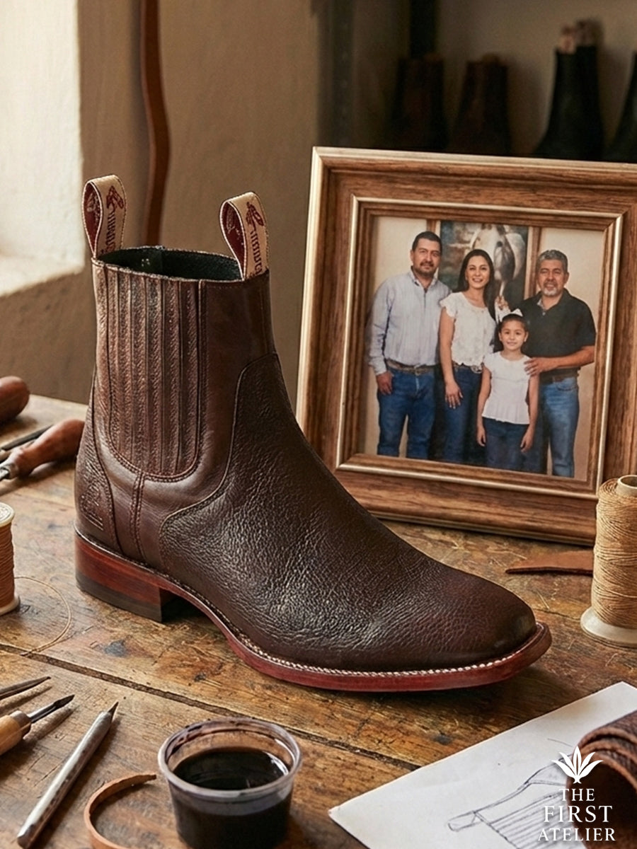 Studio display of the Atelier No. 78 El Alcázar Boot next to a family photo, symbolizing heritage and timeless design.