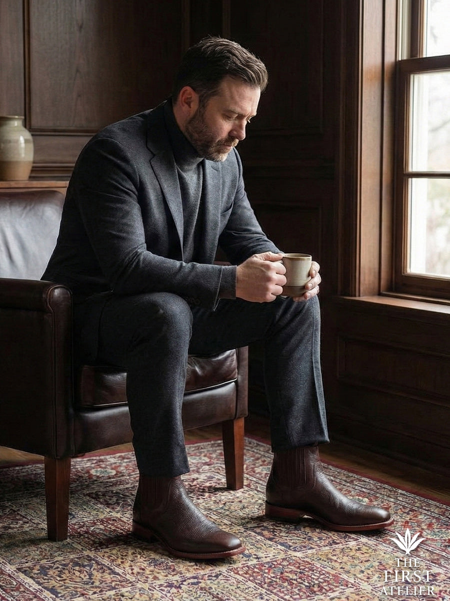 Dark academia aesthetic: Gentleman sitting in a wood-paneled library wearing a suit and the sophisticated Atelier No. 78 Chelsea boot.