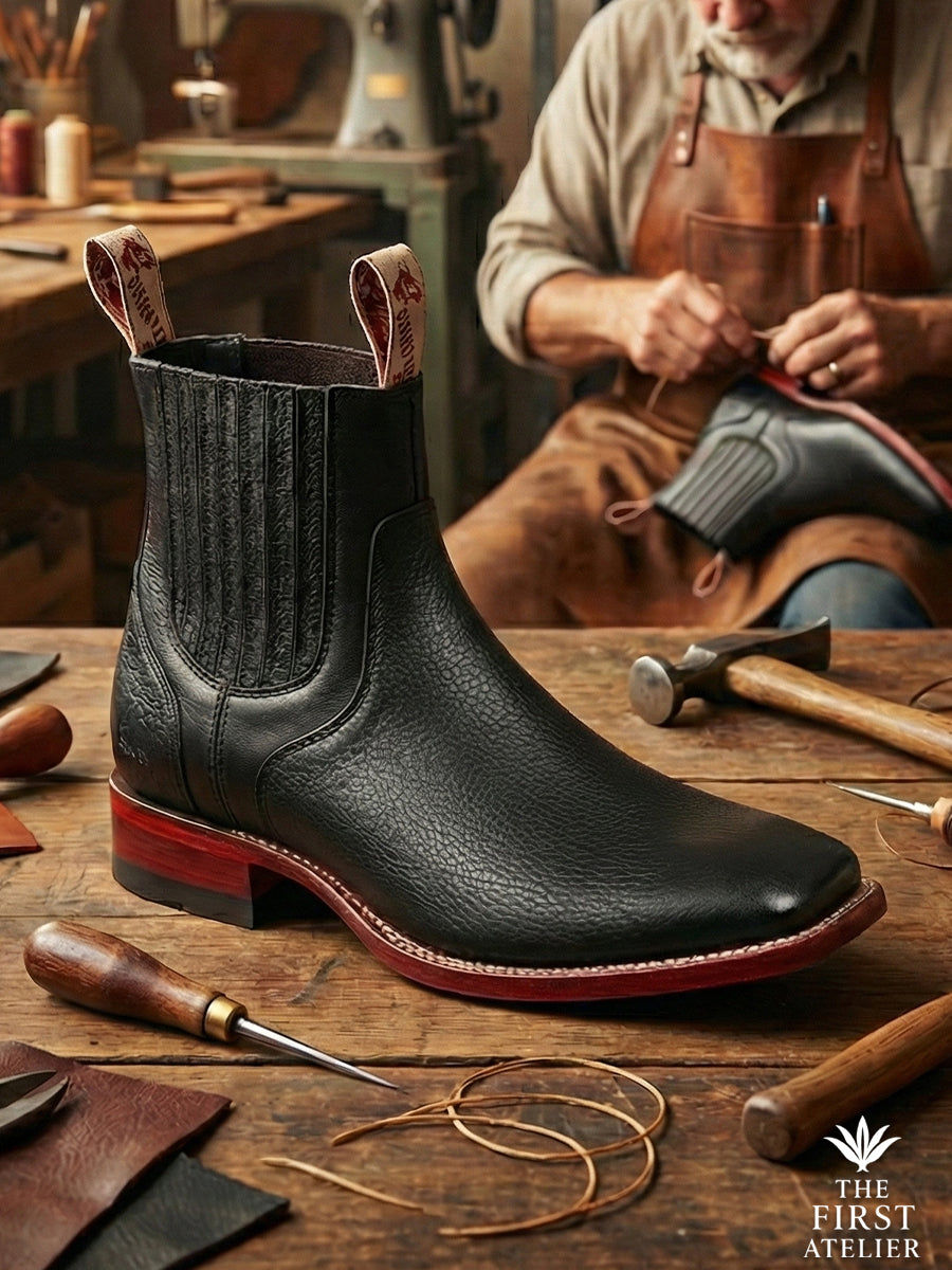 Close-up of Atelier No. 79 El Centinela Boot in textured black pebbled leather, featuring the signature cherry-red contrast heel stack.