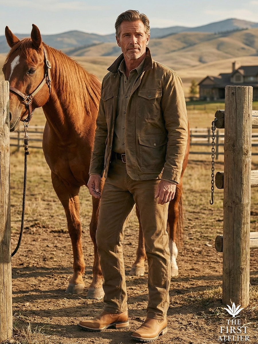 Rugged luxury: Man standing with a horse on a ranch wearing a field jacket and the durable Atelier No. 80 El Jinete Chelsea boots.