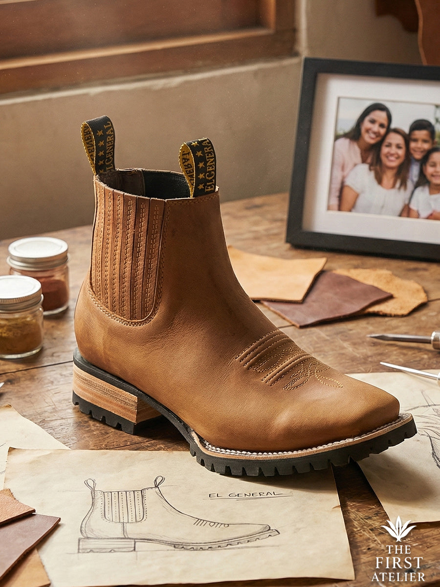 Studio display of the Atelier No. 80 El Jinete Boot featuring the signature yellow pull tabs and family portrait, symbolizing heritage.