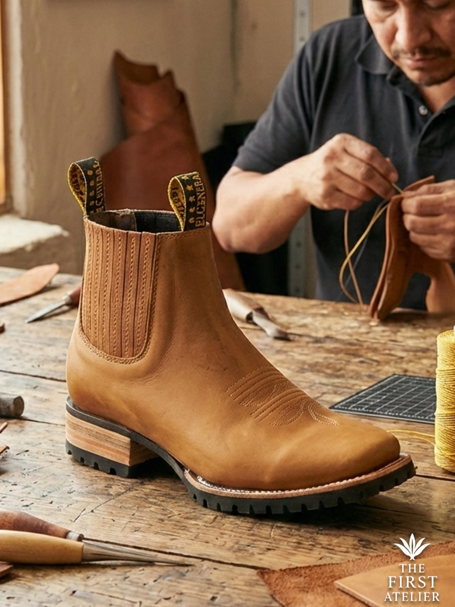 Close-up of Atelier No. 80 El Jinete Boot showing the heavy-duty rubber lug sole and oiled tan leather construction in the workshop.
