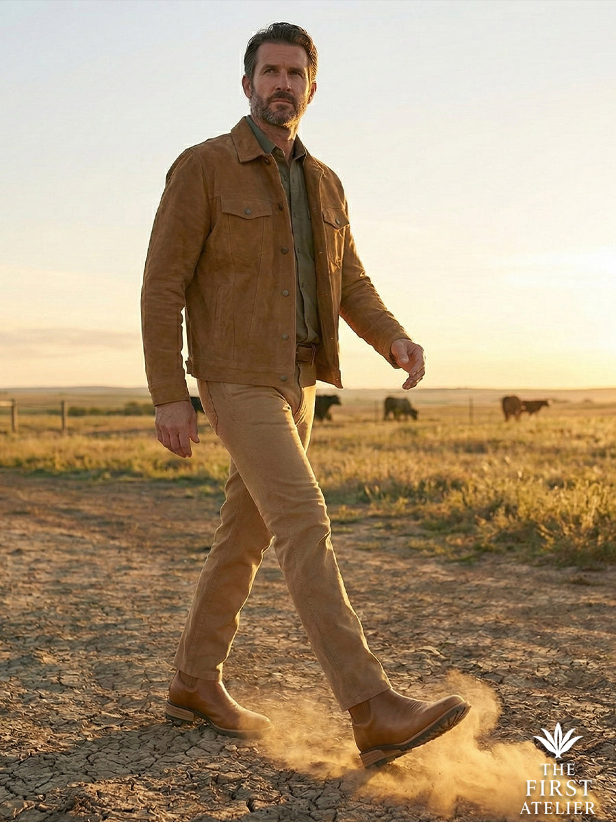 Action shot of a man walking through dust and dirt, demonstrating the traction of the Atelier No. 80 El Jinete lug sole