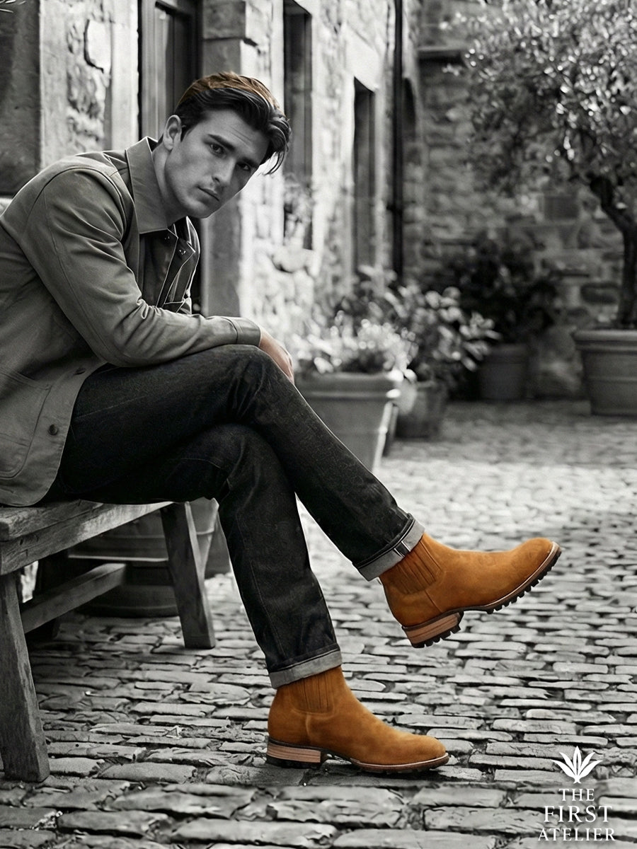 Black and white editorial of a man sitting on rustic cobblestones wearing denim and the heavy-duty Atelier No. 80 Chelsea boot.