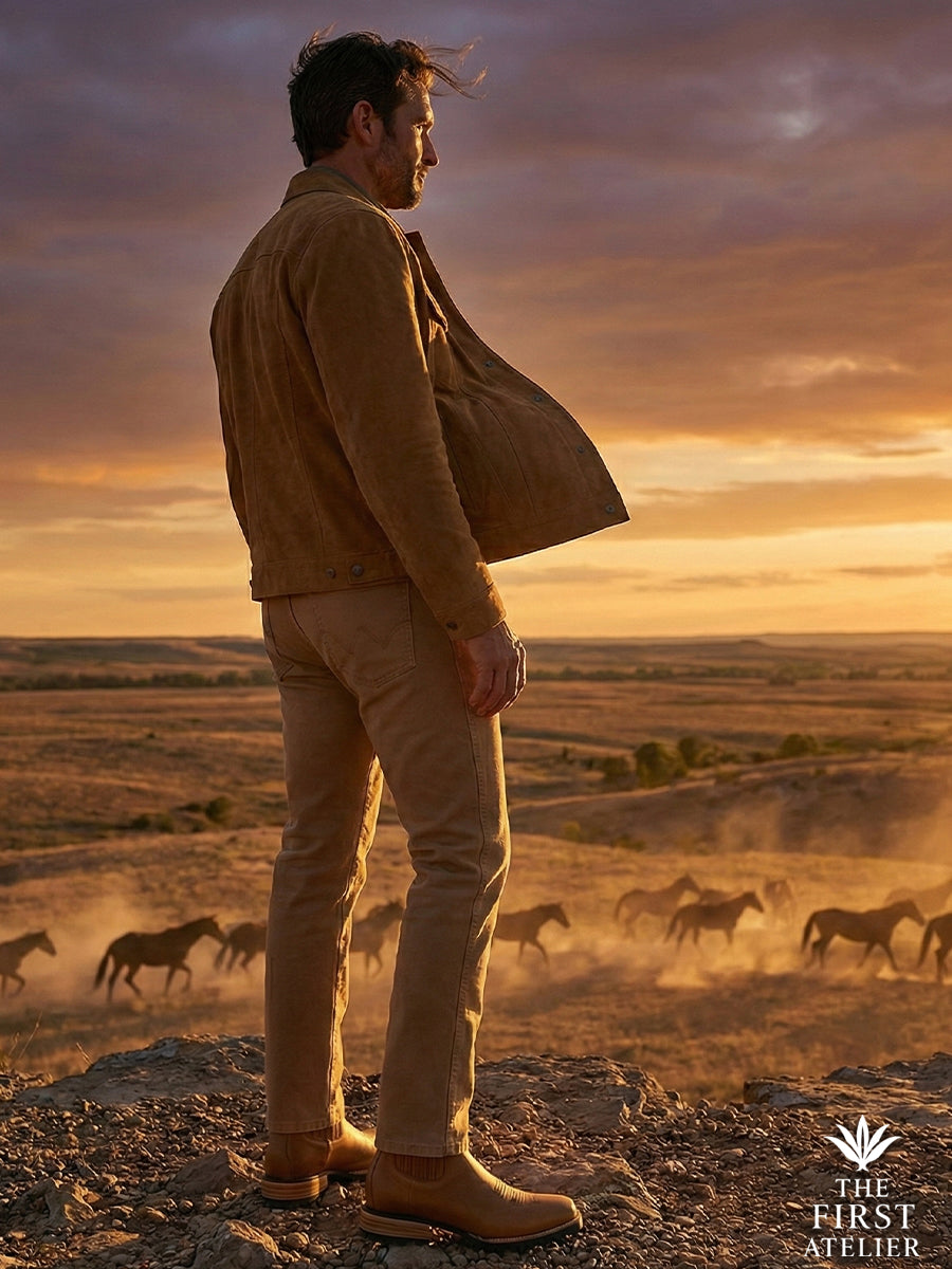 Man looking out over a rural landscape at sunset, wearing the oiled tan leather Atelier No. 80 boot designed for the outdoors.