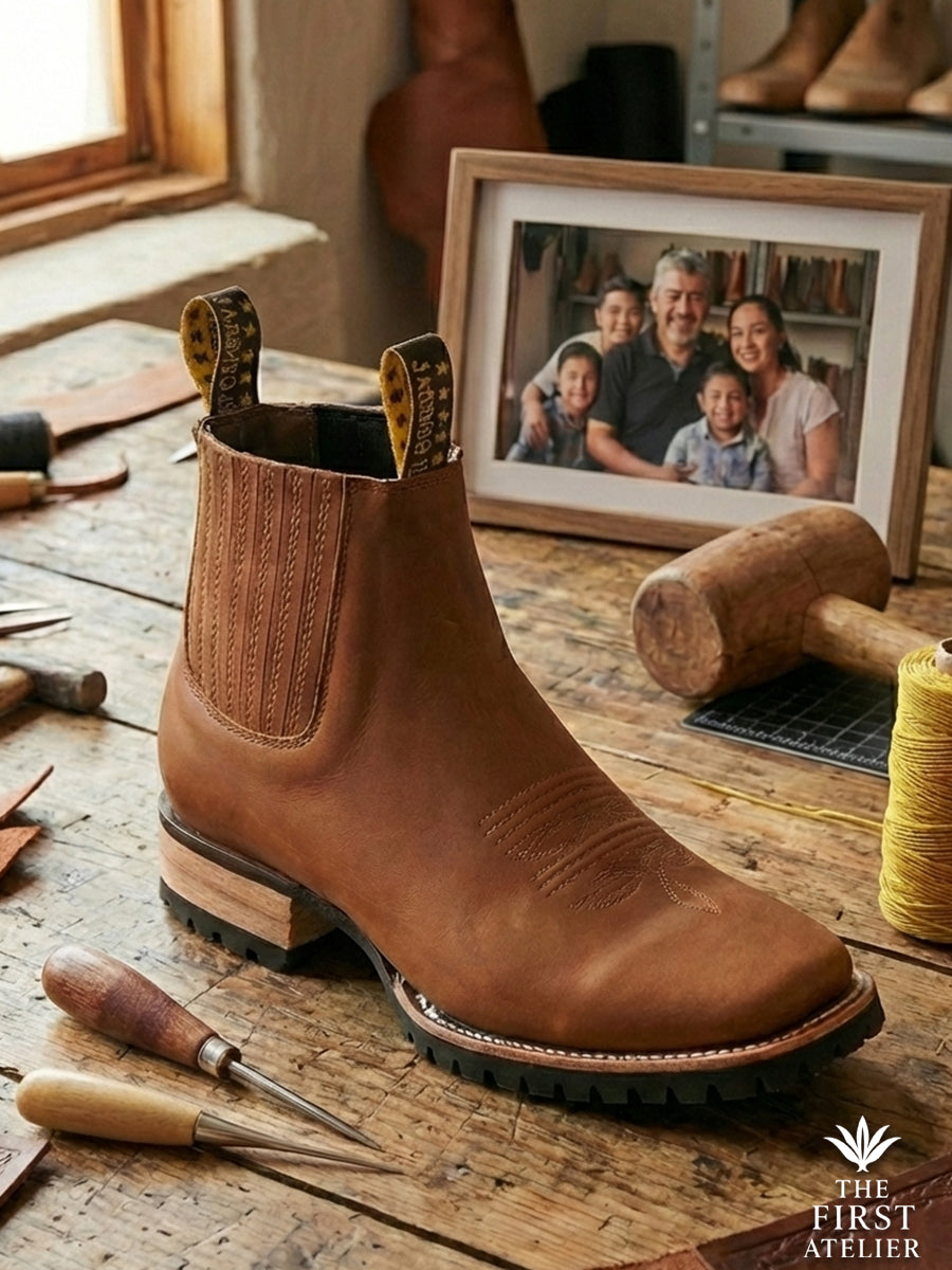 Studio display of the Atelier No. 81 El Glaciar Boot alongside a craftsman's mallet and a family photo, symbolizing enduring quality.