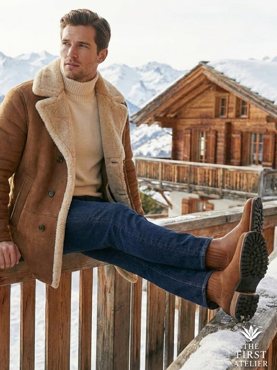 Gentleman sitting on a snowy balcony with a mountain backdrop, wearing a shearling coat and Atelier No. 81 El Glaciar boots