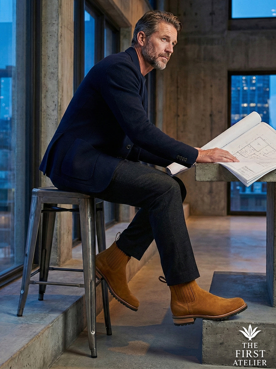 Man in a design studio wearing a navy blazer and the rugged tan Atelier No. 81 Chelsea boot, demonstrating versatile winter style.