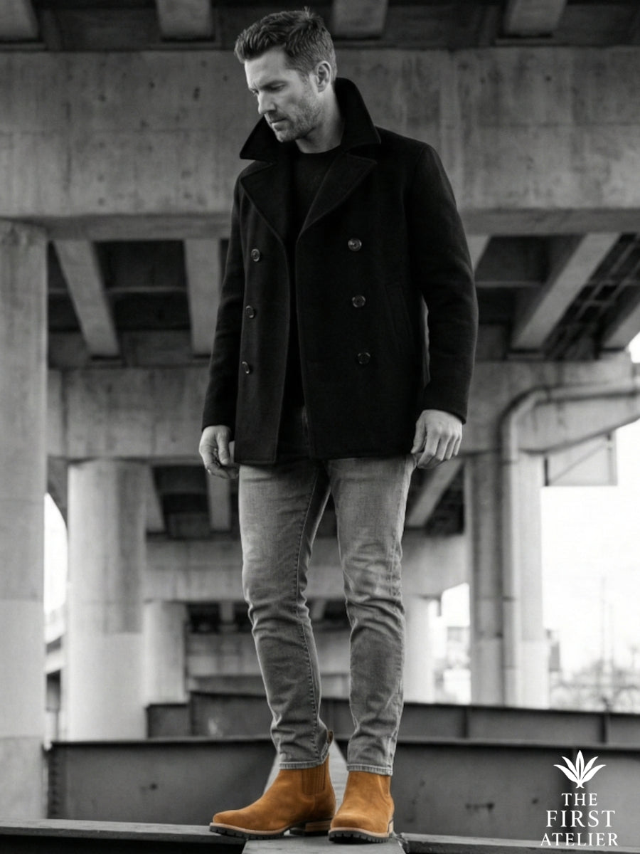Black and white editorial shot of a man in a peacoat under a concrete structure, highlighting the tough silhouette of the Atelier No. 81 boot.