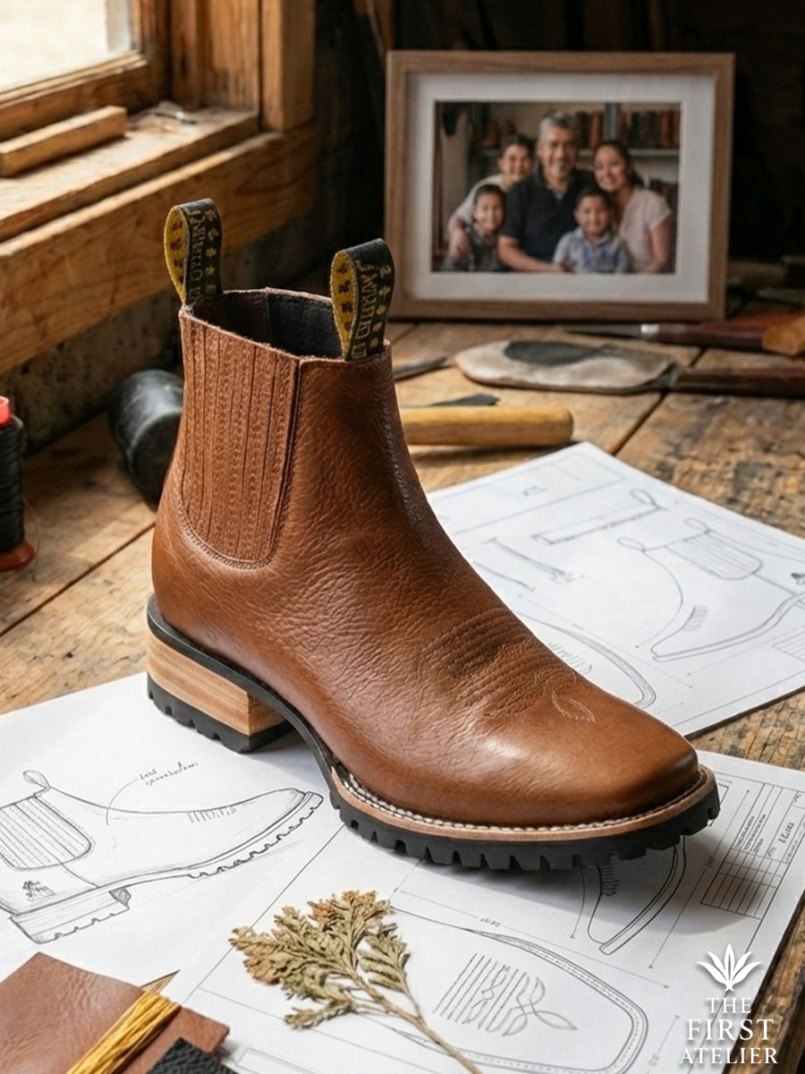 Studio display of the Atelier No. 82 El Viajero Boot next to design blueprints and a family photo, symbolizing a life built on purpose.