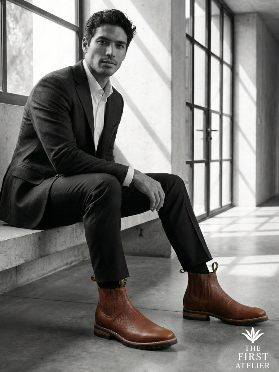 Black and white editorial shot of a man in a suit sitting by a large industrial window, highlighting the sleek profile of the Atelier No. 82 boot
