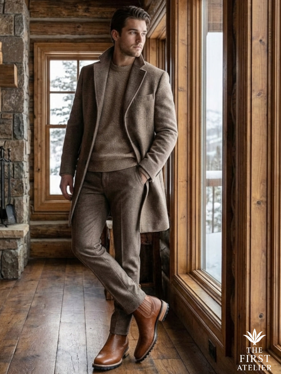 Gentleman standing by a large window in a rustic luxury cabin wearing a brown wool suit and the Atelier No. 82 El Viajero boots.