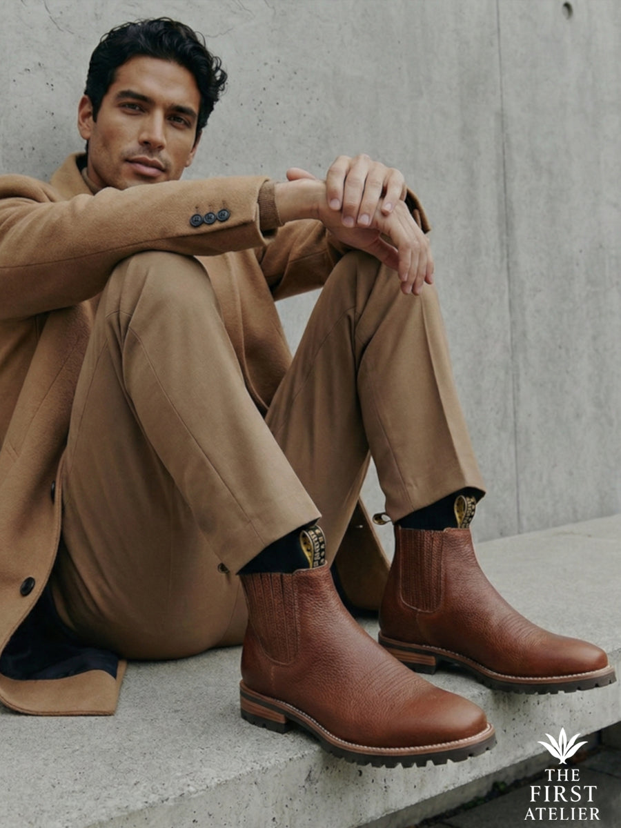 Man sitting in a camel coat and khaki trousers in a modern office lobby, showcasing the versatile Atelier No. 82 pebbled leather boot.
