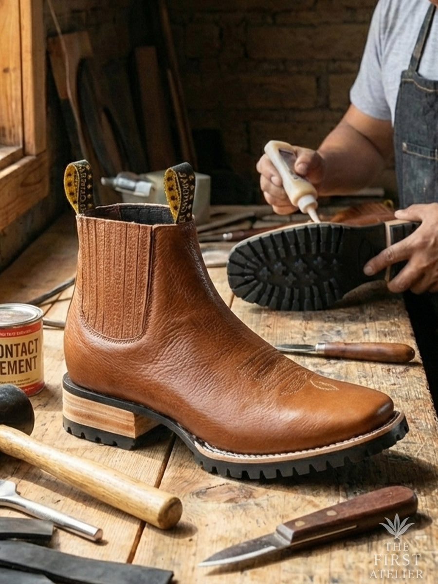 Artisan applying glue to the sole of the Atelier No. 82 El Viajero Boot, showing the pebbled cognac leather, natural welt, and slim rubber sole.