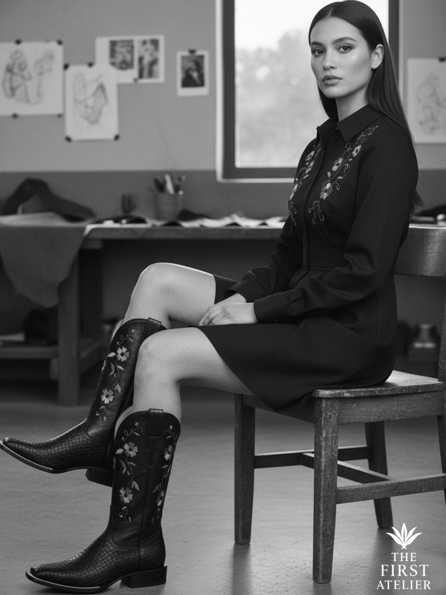 Black and white editorial portrait of a woman wearing handcrafted woven leather boots Atelier No. 11 by The First Atelier.