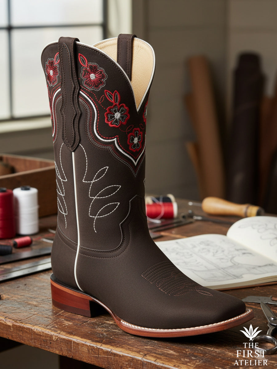 Boot resting on artisan workbench with hand-drawn pattern sheets — chocolate leather with crimson rose embroidery, Atelier No. 25.