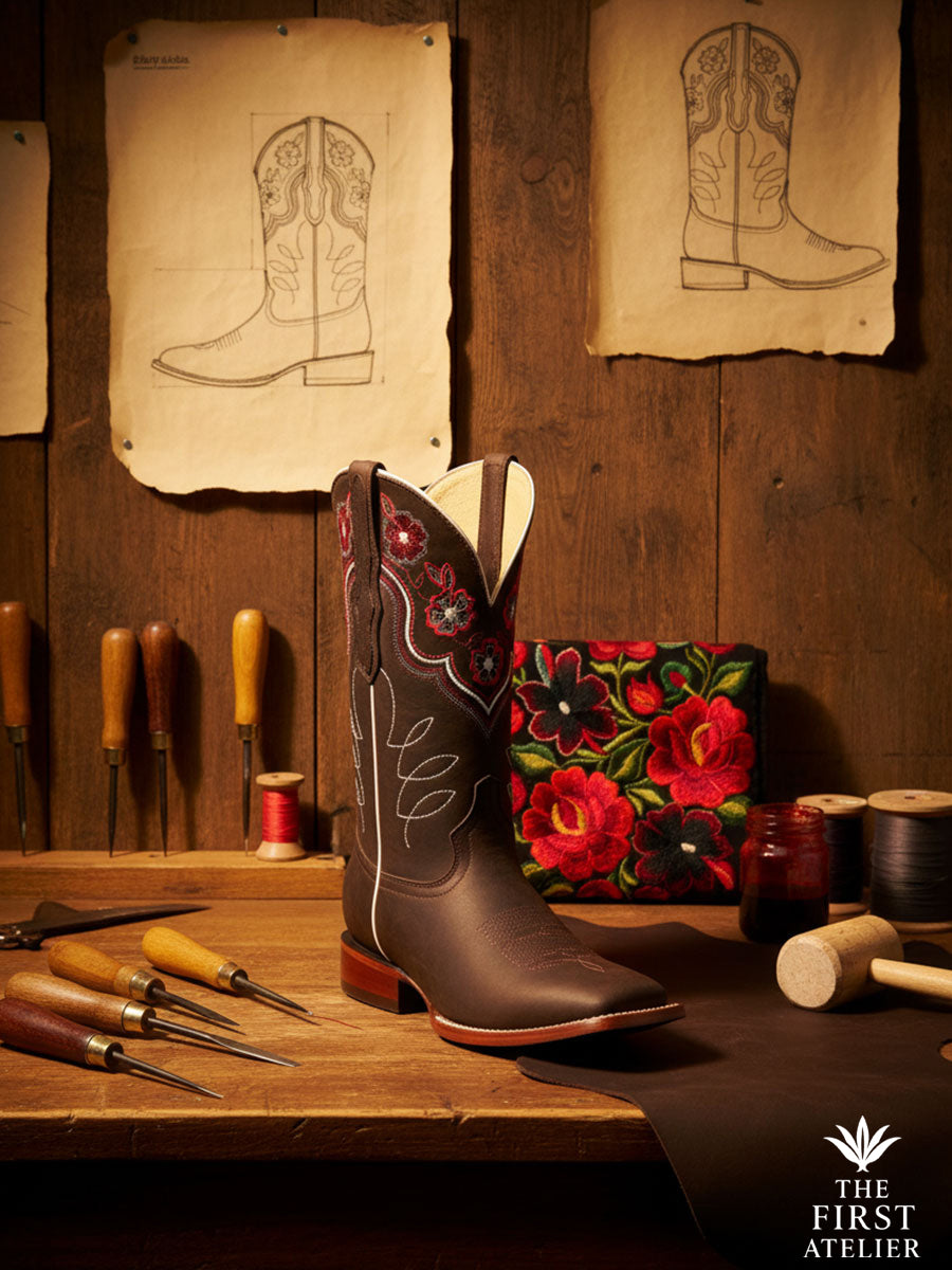 Boot displayed with red roses and artisan leather tools — craftsmanship and heritage, Atelier No. 25.
