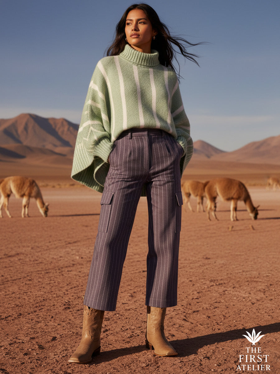 Altiplano scene with wild herd — woman in soft knit and striped trousers wearing La Rosa del Altiplano Boot, earth tones and open sky, Atelier No. 26.