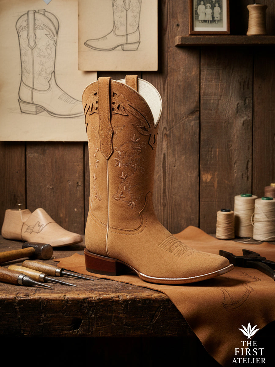 La Rosa del Altiplano Boot displayed with sketches, tools, and leather swatches — study in Mexican craftsmanship from León, Guanajuato, Atelier No. 26