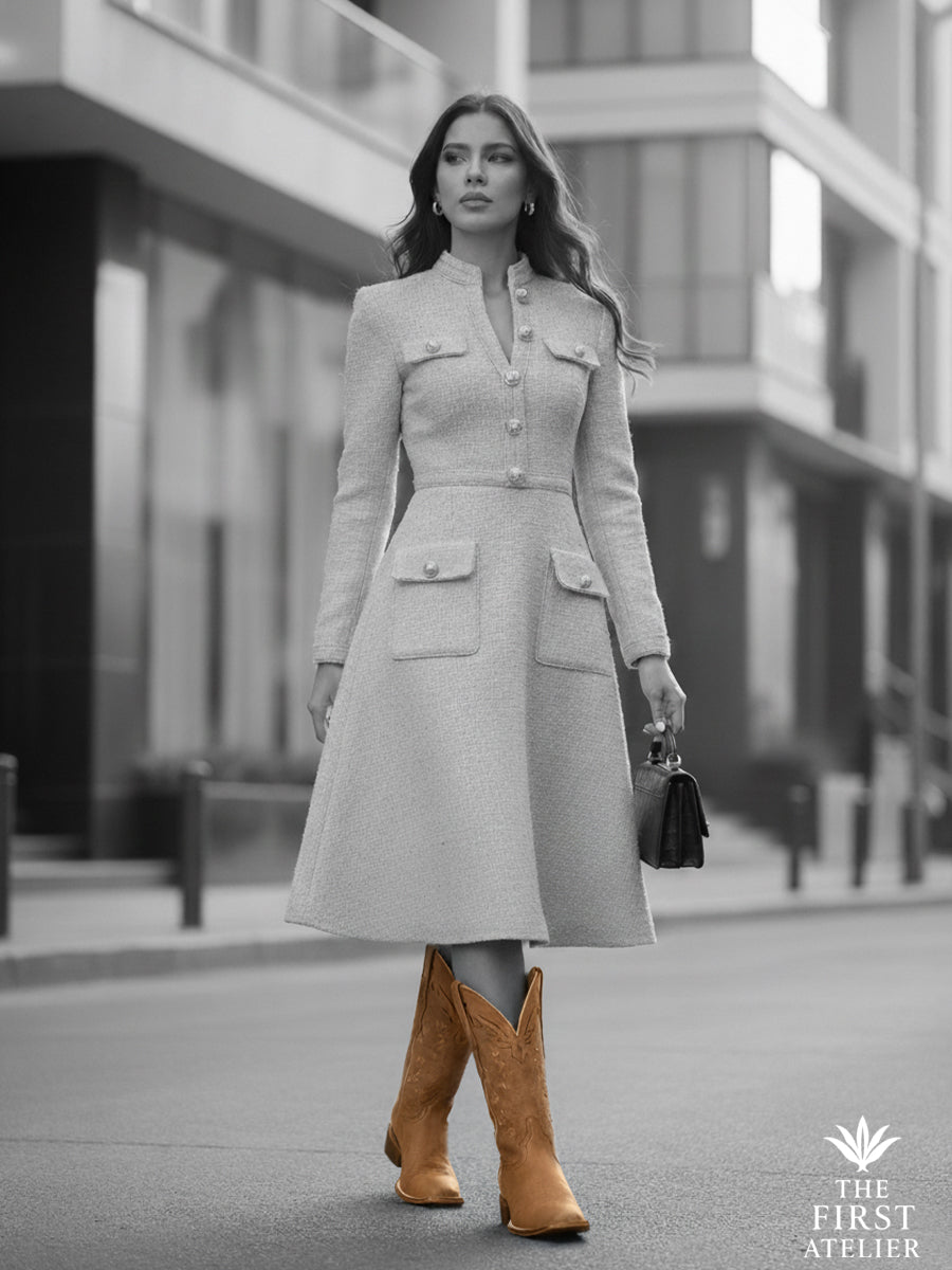 Black-and-white city winter frame — tailored coat in motion, woman wearing La Rosa del Altiplano Boot, quiet authority, Atelier No. 26.