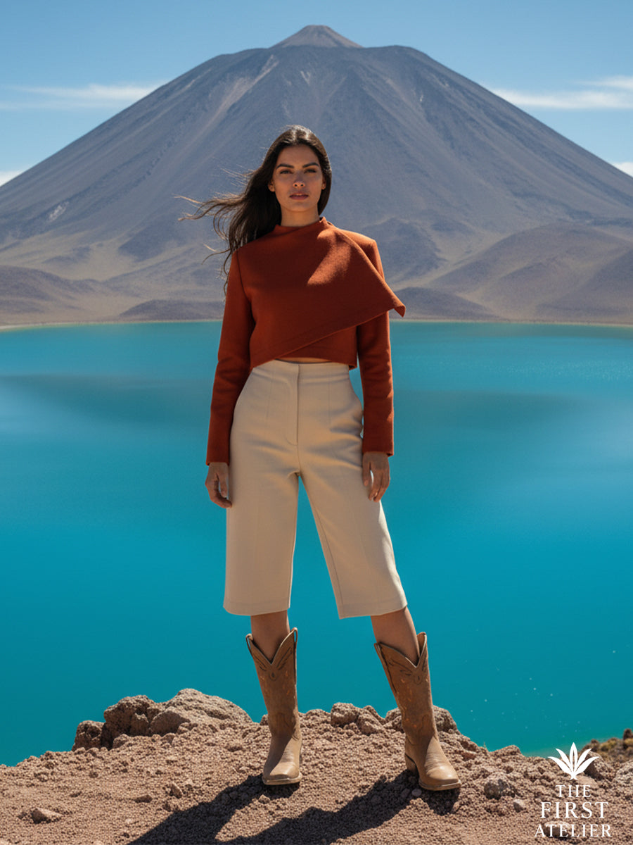 Woman by a turquoise volcanic lake wearing La Rosa del Altiplano Boot — camel leather cowboy boots, modern and serene, Atelier No. 26.